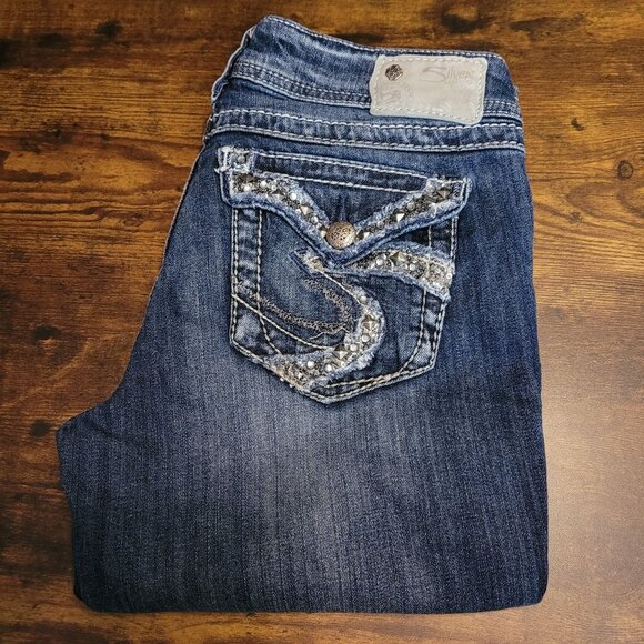 Silver Jeans Size 29 Suki Slim Boot Low Rise Button Flap Embellished Western - Picture 1 of 12